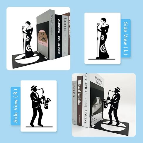Jazz Band Metal Bookends, Music Bookends, Musical Instrument Book Ends, Singer and Saxophone Player Shelf Decor, Musician Book Stand, Black Book Holders for Home Office in Kuwait