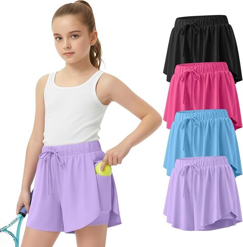 4 Pack Girl's Athletic Flowy Shorts Kids Butterfly Short with Pockets 2 in 1 Drawstring Sports Skirts for 5-14 Years in Saudi Arabia