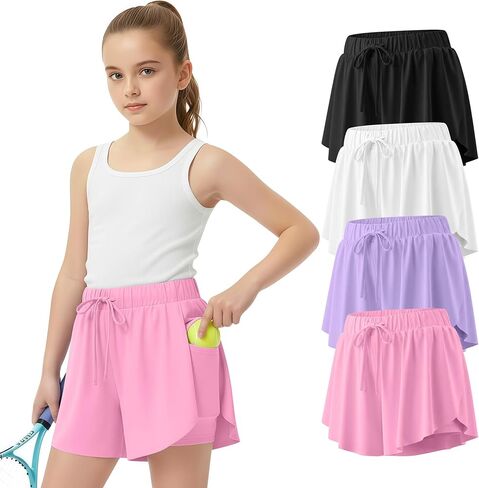 4 Pack Girl's Athletic Flowy Shorts Kids Butterfly Short with Pockets 2 in 1 Drawstring Sports Skirts for 5-14 Years in Saudi Arabia