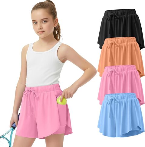 4 Pack Girl's Athletic Flowy Shorts Kids Butterfly Short with Pockets 2 in 1 Drawstring Sports Skirts for 5-14 Years in Saudi Arabia