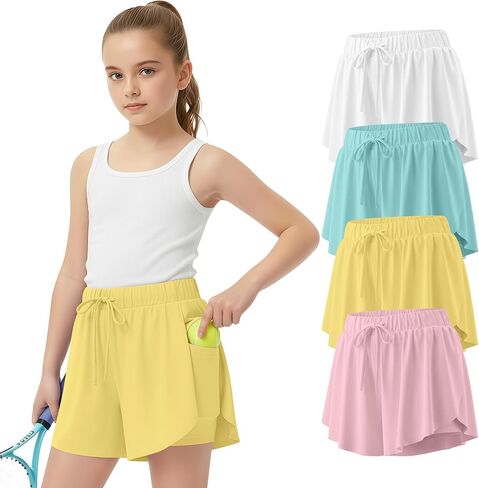4 Pack Girl's Athletic Flowy Shorts Kids Butterfly Short with Pockets 2 in 1 Drawstring Sports Skirts for 5-14 Years in Saudi Arabia
