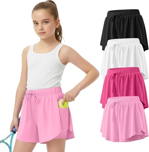 4 Pack Girl's Athletic Flowy Shorts Kids Butterfly Short with Pockets 2 in 1 Drawstring Sports Skirts for 5-14 Years in Saudi Arabia