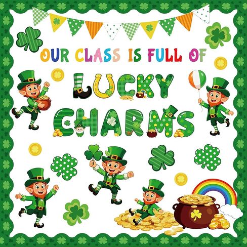 60 قطعة من ديكورات لوحة إعلانات عيد القديس باتريك، قطع عملة ذهبية من Leprechaun Shamrock Clover لتزيين يوم القديس باتريك، صفنا مليء بالسحر المحظوظ لديكور جدار السبورة في الفصل الدراسي in Kuwait