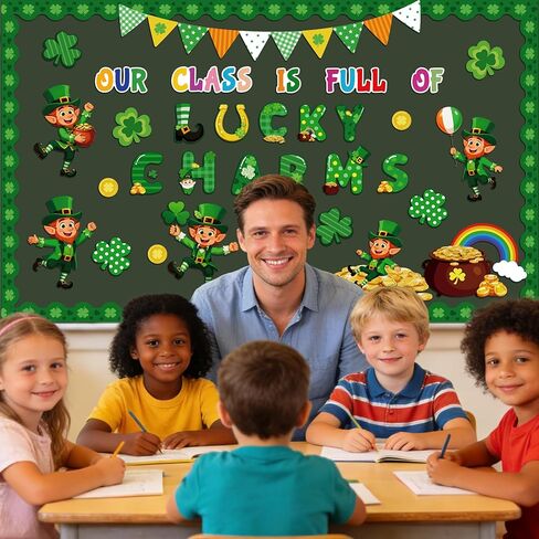 60 قطعة من ديكورات لوحة إعلانات عيد القديس باتريك، قطع عملة ذهبية من Leprechaun Shamrock Clover لتزيين يوم القديس باتريك، صفنا مليء بالسحر المحظوظ لديكور جدار السبورة في الفصل الدراسي in Kuwait