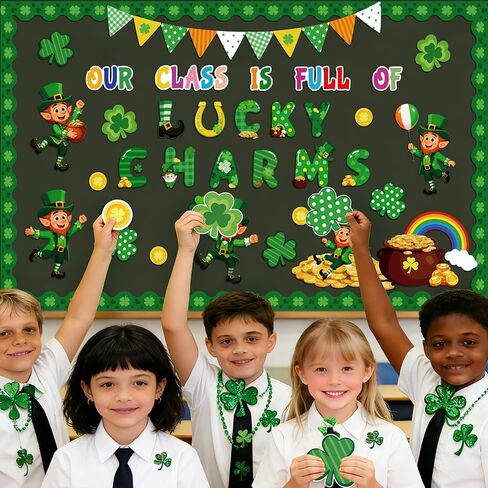 60 قطعة من ديكورات لوحة إعلانات عيد القديس باتريك، قطع عملة ذهبية من Leprechaun Shamrock Clover لتزيين يوم القديس باتريك، صفنا مليء بالسحر المحظوظ لديكور جدار السبورة في الفصل الدراسي in Kuwait