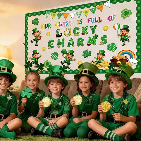 60 قطعة من ديكورات لوحة إعلانات عيد القديس باتريك، قطع عملة ذهبية من Leprechaun Shamrock Clover لتزيين يوم القديس باتريك، صفنا مليء بالسحر المحظوظ لديكور جدار السبورة في الفصل الدراسي in Kuwait
