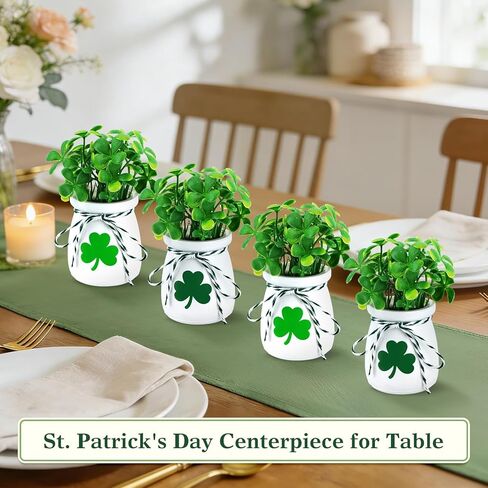 ديكورات عيد القديس باتريك للطاولة - عبوة من 4 مزهريات صغيرة لتزيين نبات النفل مع أعواد نبات النفل الاصطناعية، ديكور يوم القديس باتريك للمنزل والمكتب in Kuwait