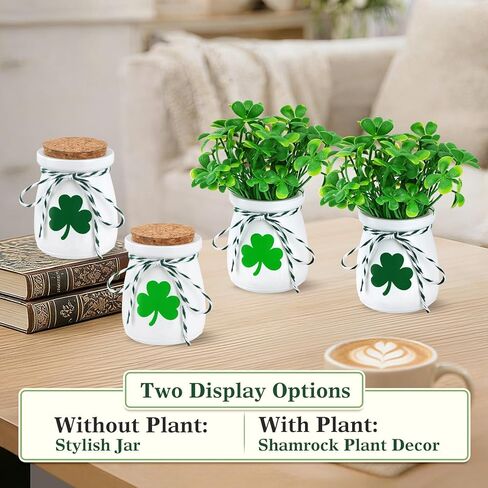 ديكورات عيد القديس باتريك للطاولة - عبوة من 4 مزهريات صغيرة لتزيين نبات النفل مع أعواد نبات النفل الاصطناعية، ديكور يوم القديس باتريك للمنزل والمكتب in Kuwait