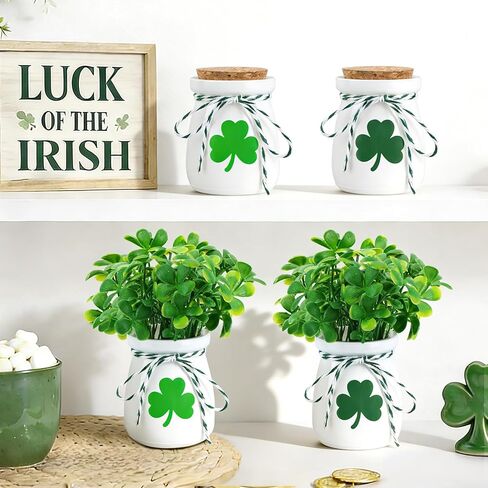 ديكورات عيد القديس باتريك للطاولة - عبوة من 4 مزهريات صغيرة لتزيين نبات النفل مع أعواد نبات النفل الاصطناعية، ديكور يوم القديس باتريك للمنزل والمكتب in Kuwait