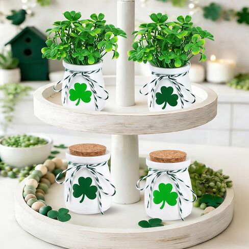 ديكورات عيد القديس باتريك للطاولة - عبوة من 4 مزهريات صغيرة لتزيين نبات النفل مع أعواد نبات النفل الاصطناعية، ديكور يوم القديس باتريك للمنزل والمكتب in Kuwait