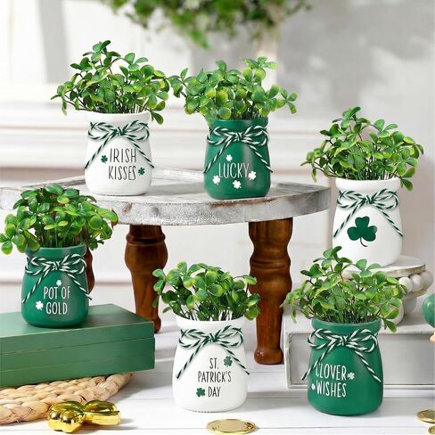 6pcs St Patricks Day Decorations St. Patrick's Day Mini Jars with Artificial Shamrock Mini Vases for Home Kitchen Table Fireplace Mantel Decor in Saudi Arabia