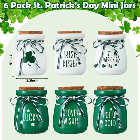 6pcs St Patricks Day Decorations St. Patrick's Day Mini Jars with Artificial Shamrock Mini Vases for Home Kitchen Table Fireplace Mantel Decor in Saudi Arabia