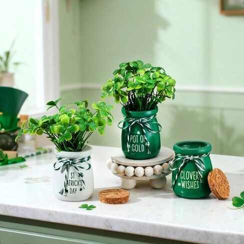 6pcs St Patricks Day Decorations St. Patrick's Day Mini Jars with Artificial Shamrock Mini Vases for Home Kitchen Table Fireplace Mantel Decor in Saudi Arabia