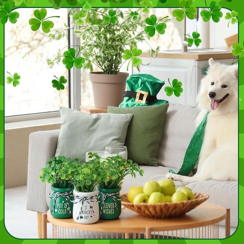 6pcs St Patricks Day Decorations St. Patrick's Day Mini Jars with Artificial Shamrock Mini Vases for Home Kitchen Table Fireplace Mantel Decor in Saudi Arabia