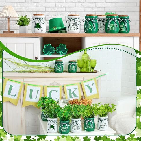 6pcs St Patricks Day Decorations St. Patrick's Day Mini Jars with Artificial Shamrock Mini Vases for Home Kitchen Table Fireplace Mantel Decor in Saudi Arabia