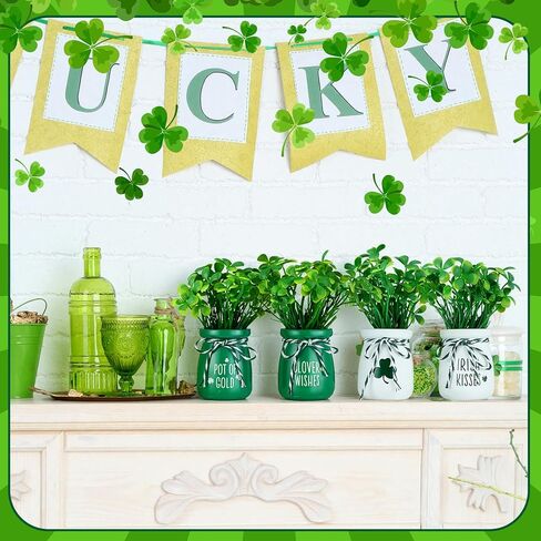 6pcs St Patricks Day Decorations St. Patrick's Day Mini Jars with Artificial Shamrock Mini Vases for Home Kitchen Table Fireplace Mantel Decor in Saudi Arabia