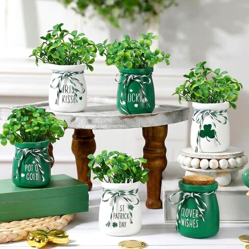 6pcs St Patricks Day Decorations St. Patrick's Day Mini Jars with Artificial Shamrock Mini Vases for Home Kitchen Table Fireplace Mantel Decor in Saudi Arabia