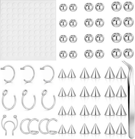 Fake Piercing Fake Eyebrow Ring, Fakes Lip Labret Studs Replacement Balls Spike with 100 Pcs Sticker and 1 tweezer Non Piercing Lip Ring Hoop Stick Clip on Earring Cuffs Fakes Nose Ring(Silver) in Saudi Arabia