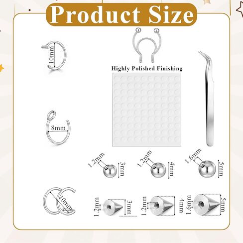 Fake Piercing Fake Eyebrow Ring, Fakes Lip Labret Studs Replacement Balls Spike with 100 Pcs Sticker and 1 tweezer Non Piercing Lip Ring Hoop Stick Clip on Earring Cuffs Fakes Nose Ring(Silver) in Saudi Arabia