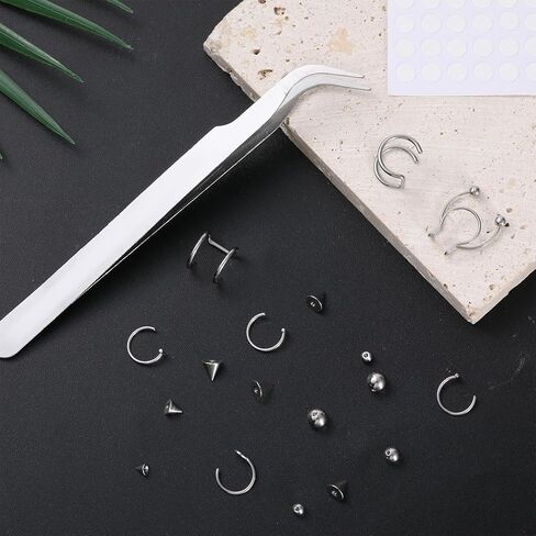 Fake Piercing Fake Eyebrow Ring, Fakes Lip Labret Studs Replacement Balls Spike with 100 Pcs Sticker and 1 tweezer Non Piercing Lip Ring Hoop Stick Clip on Earring Cuffs Fakes Nose Ring(Silver) in Saudi Arabia