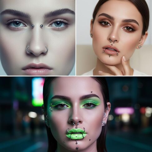 Fake Piercing Fake Eyebrow Ring, Fakes Lip Labret Studs Replacement Balls Spike with 100 Pcs Sticker and 1 tweezer Non Piercing Lip Ring Hoop Stick Clip on Earring Cuffs Fakes Nose Ring(Silver) in Saudi Arabia