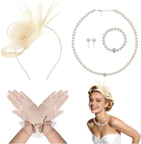 Heliltd Vintage Tea Party Fascinator Hat for Women Detachable Flower Hair Clip Headband with Pearls Gloves for Derby Cocktail in Saudi Arabia