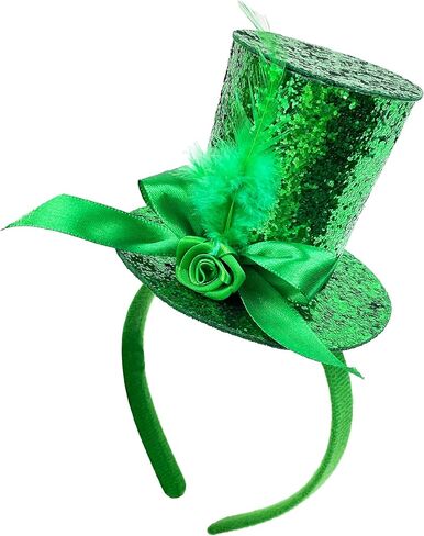 St. Patrick's Day Mini Top Hat Headband, Green Bow with Feathers and Rose, St Leprechaun Top Hat Headbands Irish Festival Hair Accessory in Saudi Arabia