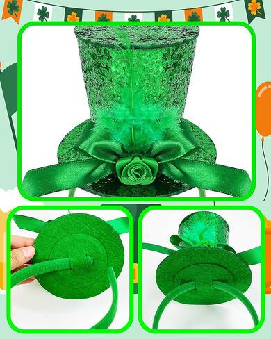 St. Patrick's Day Mini Top Hat Headband, Green Bow with Feathers and Rose, St Leprechaun Top Hat Headbands Irish Festival Hair Accessory in Saudi Arabia
