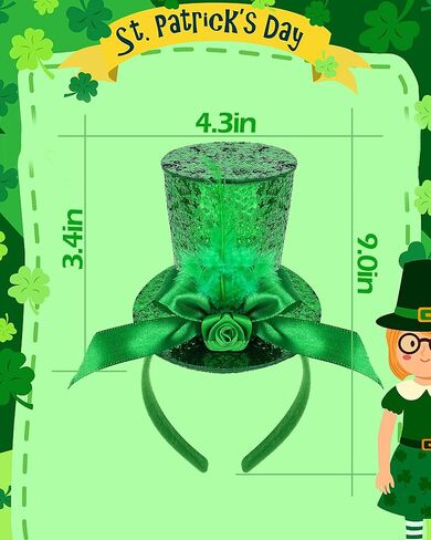 St. Patrick's Day Mini Top Hat Headband, Green Bow with Feathers and Rose, St Leprechaun Top Hat Headbands Irish Festival Hair Accessory in Saudi Arabia