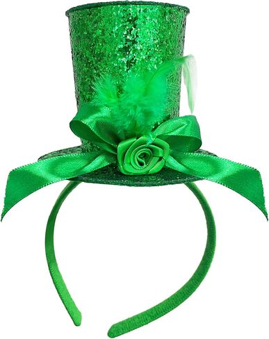 St. Patrick's Day Mini Top Hat Headband, Green Bow with Feathers and Rose, St Leprechaun Top Hat Headbands Irish Festival Hair Accessory in Saudi Arabia