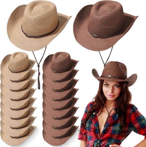Cuffbow 16 Pcs Cowboy Straw Hats Bulk Wide Brim Cowboy Cowgirl Country Accessories for Western Party Concerts Beach Birthday in Saudi Arabia