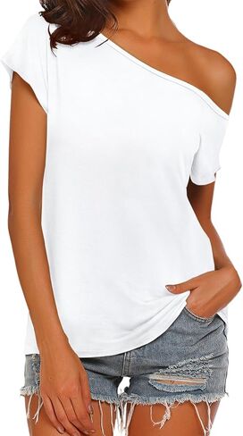 Halife Women's Casual Off The Shoulder Tops Short Sleeve T Shirts Loose Summer Blouse Shirt in Kuwait