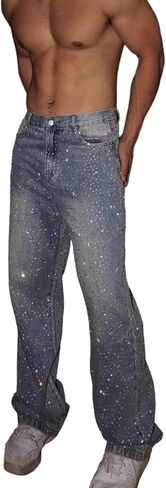 Rhinestone Jeans Men Y2K Sparkly All Over Rhinestone Jeans Shiny Party Club Streetwear Wide Leg Glitter Denim Pants in Saudi Arabia