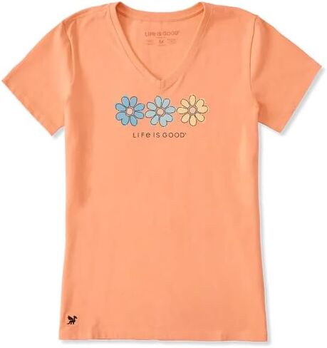 Life is Good. Women's Three Daisies Rally Short Sleeve Crusher Vee, Canyon Orange in Saudi Arabia