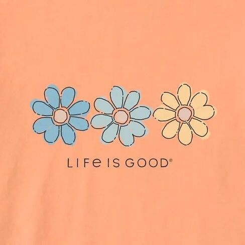 Life is Good. Women's Three Daisies Rally Short Sleeve Crusher Vee, Canyon Orange in Saudi Arabia