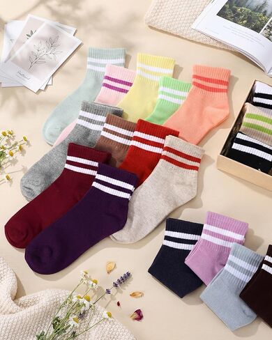 18 Pairs Womens Striped Crew Socks Bulk Cozy Colorful Retro Vintage Cotton Casual Socks for Sport, Office, Home, Size 5-10 in Saudi Arabia