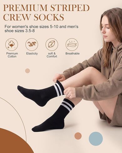 18 Pairs Womens Striped Crew Socks Bulk Cozy Colorful Retro Vintage Cotton Casual Socks for Sport, Office, Home, Size 5-10 in Saudi Arabia