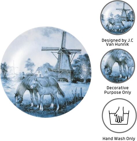 Essence of Europe Gifts Collectible Dutch Gift J.C Van Hunnik Horse and Colt Scene Decorative Blue 8" Ceramic Plate | DutchGiftOutlet in Saudi Arabia