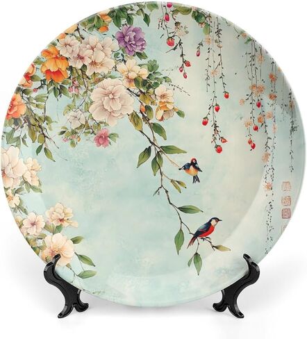 Flower Ceramic Decorative Plate, Chinese Style Decorative Dish with Stand, Flower and Bird Painting Bone China Decorative Plates Art Porcelain Plate for Living Room Hallway Table Decor in Saudi Arabia