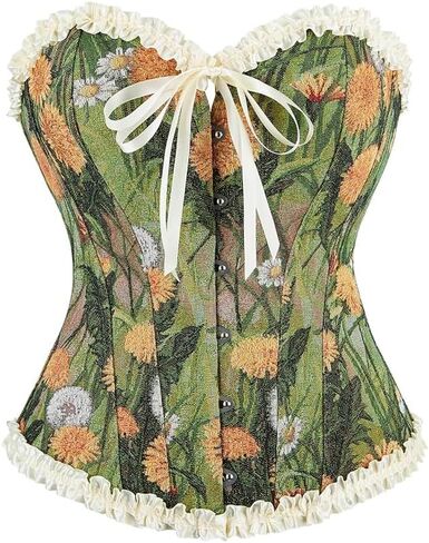 Women's Floral Overbust Corset, Ruffled Bustier Shapewear, Lace-Up Back Top, for Waist Shaping, Daily Styling, Vintage Events in Saudi Arabia