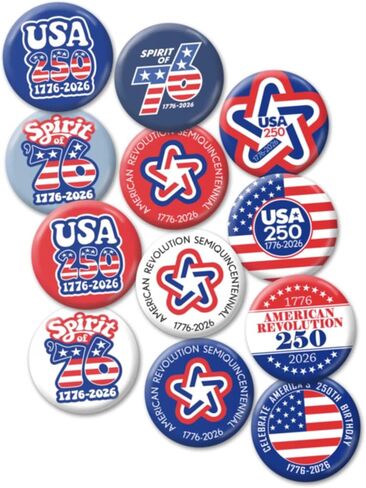 America 250th Buttons 12pcs, USA 250 Semiquincentennial 1776 2026 - Patriotic Bulk Novelty Pins - Assorted Designs 902 in Kuwait