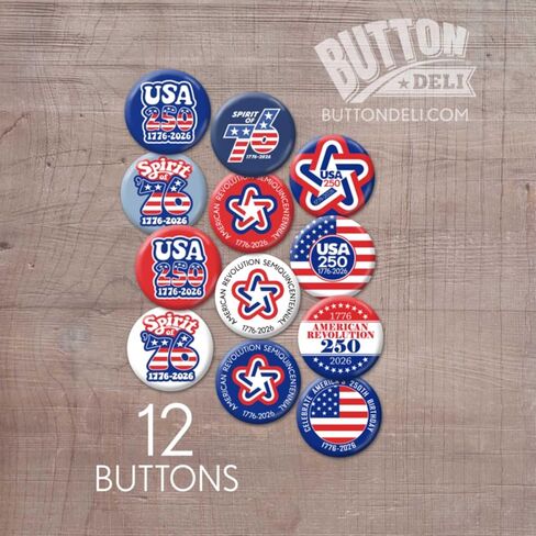 America 250th Buttons 12pcs, USA 250 Semiquincentennial 1776 2026 - Patriotic Bulk Novelty Pins - Assorted Designs 902 in Kuwait