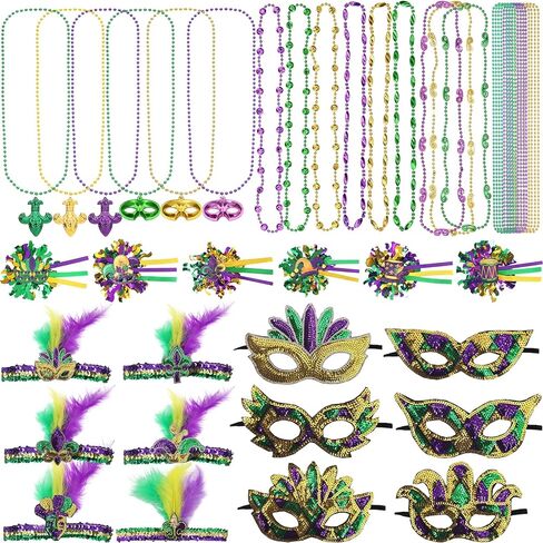 45Pcs Mardi Gras Accessories, Featuring Masks, Hairpieces, Necklaces and Hairpins—perfect for Carnival-Themed Parties. in Saudi Arabia