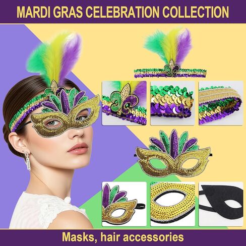 45Pcs Mardi Gras Accessories, Featuring Masks, Hairpieces, Necklaces and Hairpins—perfect for Carnival-Themed Parties. in Saudi Arabia