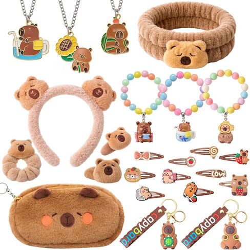24 Pcs Capybara Gifts for Girls, Capybara Stuff Set with Headband, Hair Ties, Makeup Bag, Necklaces, Bracelets, Keychain for Birthday Gifts Party Favor Supplies Brown in Saudi Arabia