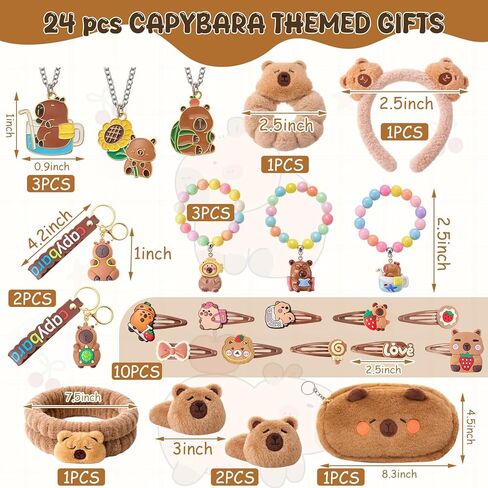 24 Pcs Capybara Gifts for Girls, Capybara Stuff Set with Headband, Hair Ties, Makeup Bag, Necklaces, Bracelets, Keychain for Birthday Gifts Party Favor Supplies Brown in Saudi Arabia