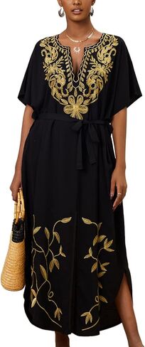 Embroidered Kaftan Dress Boho Beach Bikini Cover Up Robe Plus Size Loungewear for Women in Saudi Arabia