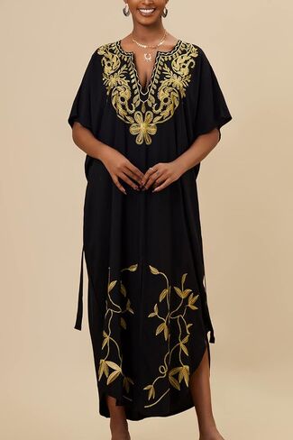 Embroidered Kaftan Dress Boho Beach Bikini Cover Up Robe Plus Size Loungewear for Women in Saudi Arabia