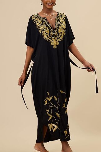 Embroidered Kaftan Dress Boho Beach Bikini Cover Up Robe Plus Size Loungewear for Women in Saudi Arabia