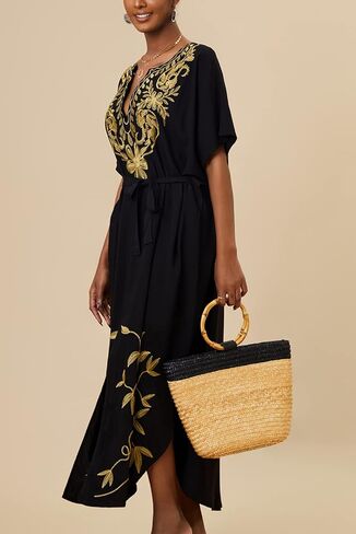 Embroidered Kaftan Dress Boho Beach Bikini Cover Up Robe Plus Size Loungewear for Women in Saudi Arabia